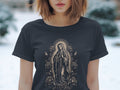 Black t-shirt with Virgin of Guadalupe design surrounded by roses