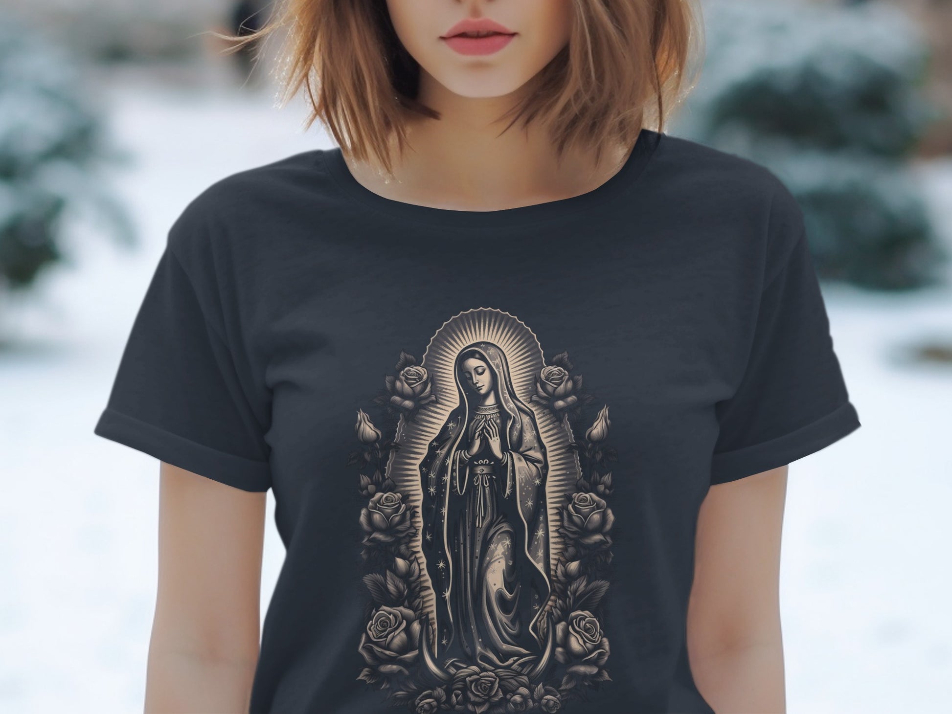Black t-shirt with Virgin of Guadalupe design surrounded by roses