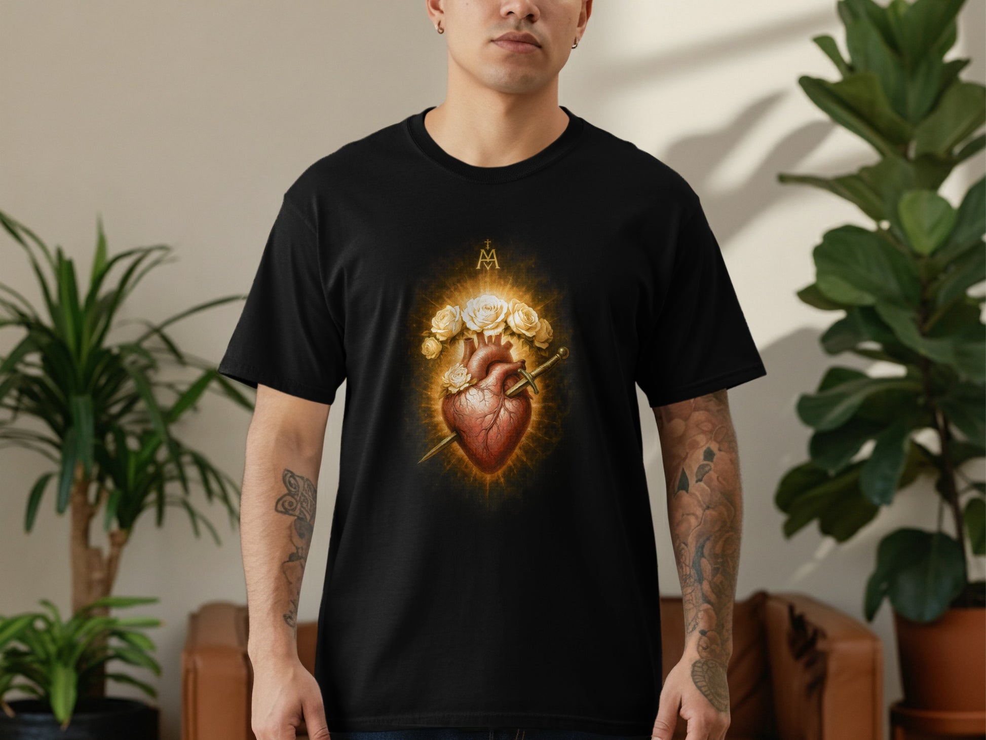 Black t-shirt with Sacred Heart design, sword, and roses.