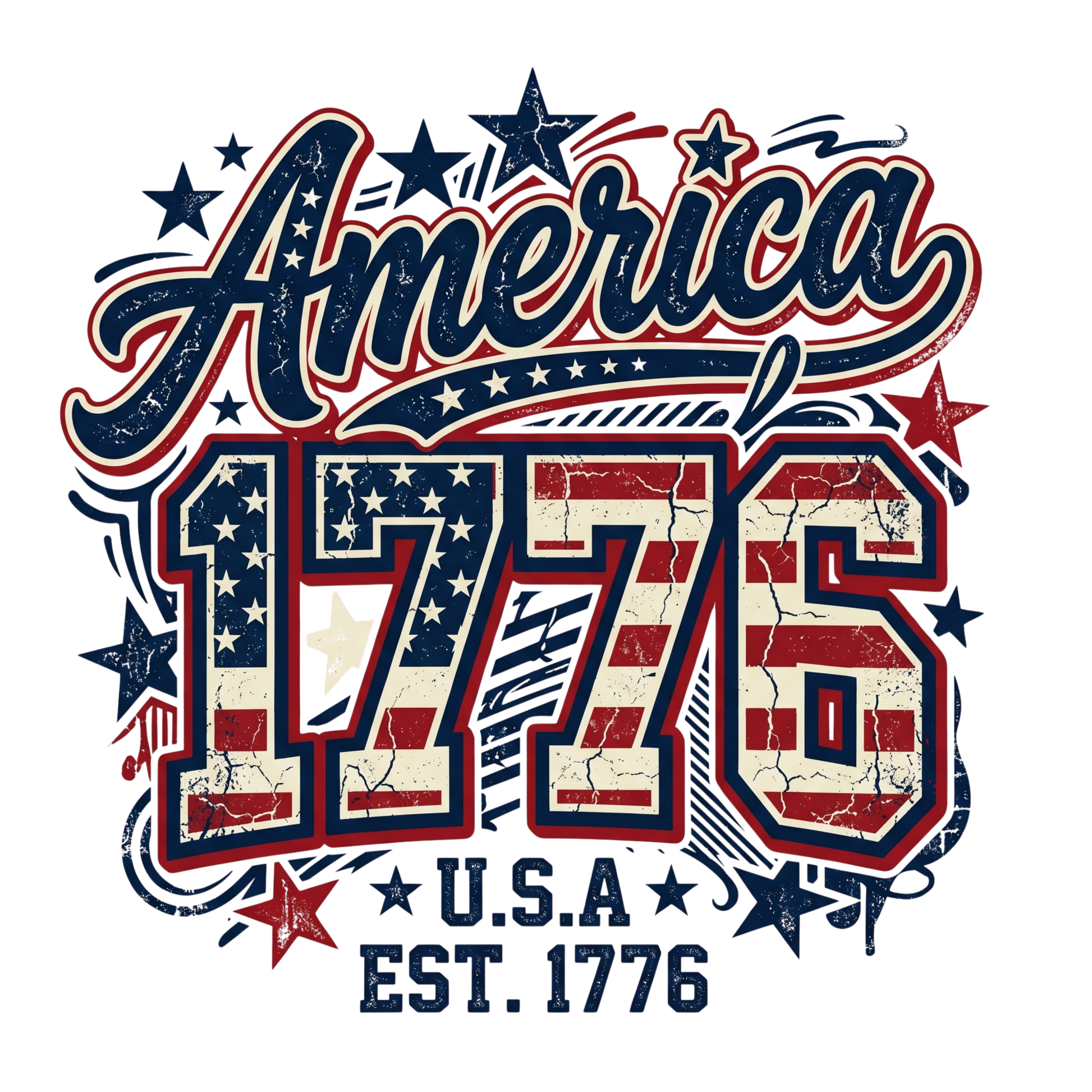 America 1776 USA Est. 1776 with distressed stars and stripes graphic.