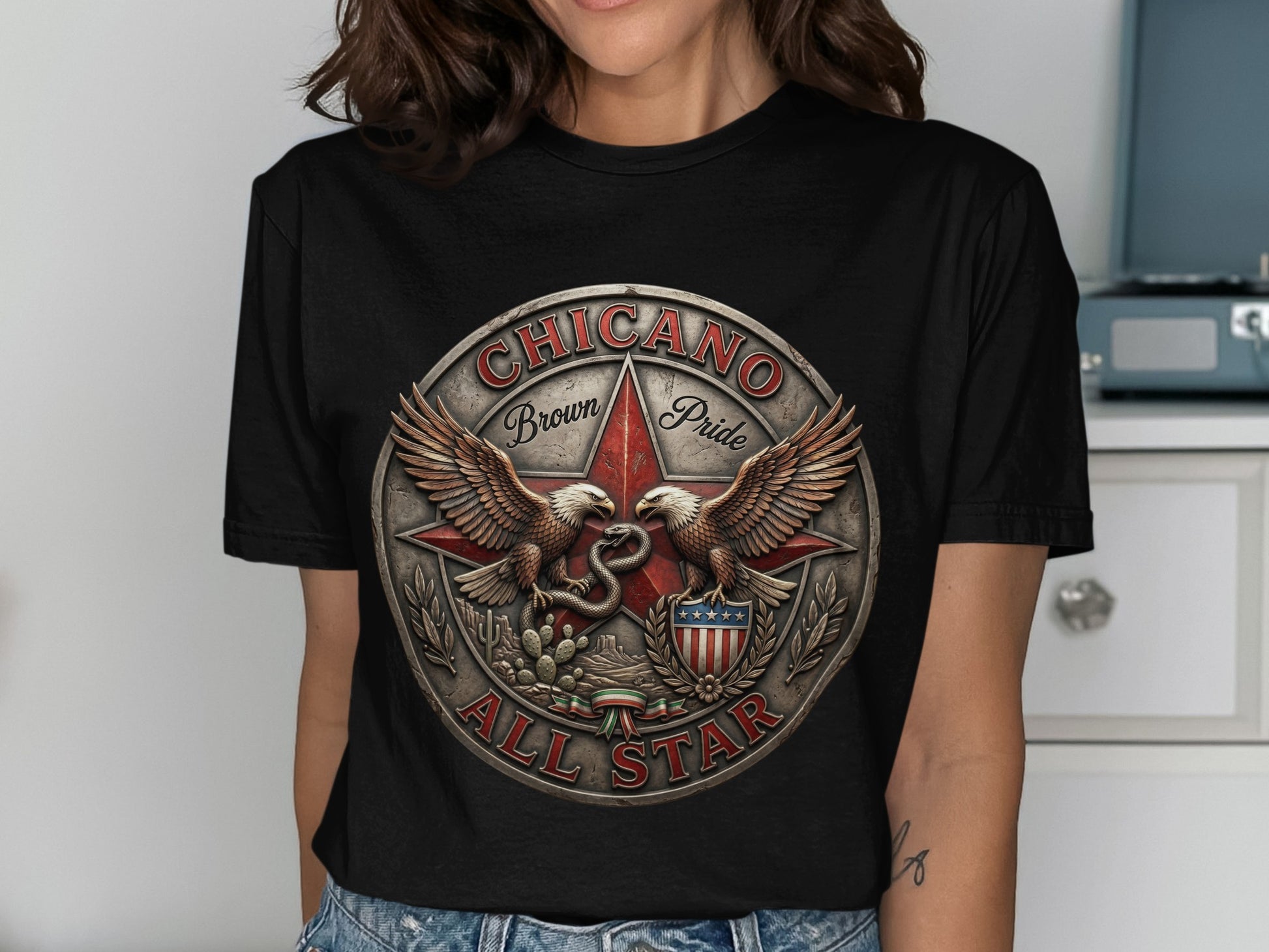 Chicano Pride All Star emblem with eagles, snake, cactus, and stars and stripes.