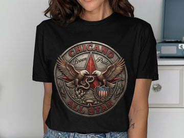 Chicano Pride All Star emblem with eagles, snake, cactus, and stars and stripes.