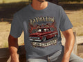 Red lowrider truck with flames, roses, and text 