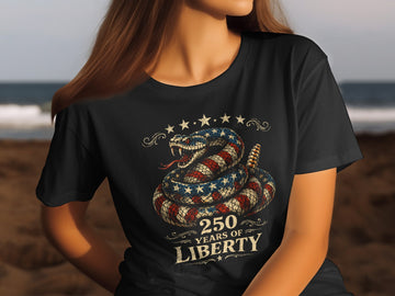 Black t-shirt with a coiled rattlesnake in American flag colors and stars.