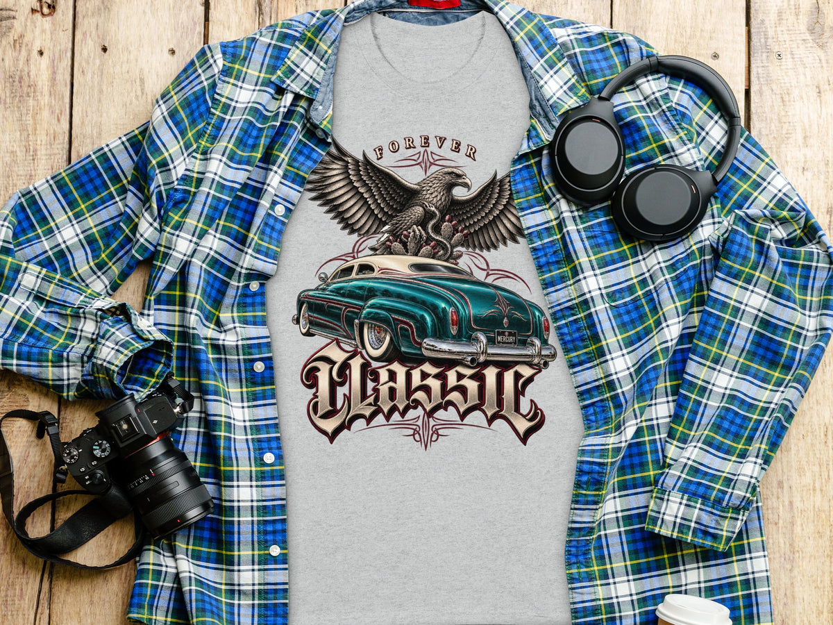 Grey t-shirt with "FOREVER CLASSIC" text, an eagle, and a vintage car graphic.