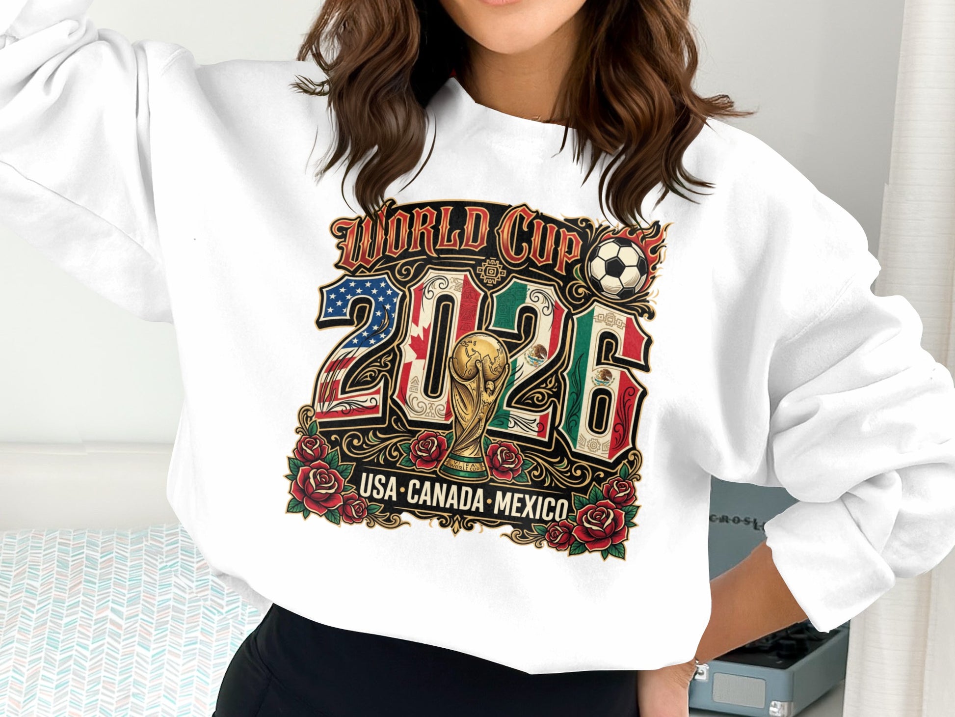 World Cup 2026 USA Canada Mexico graphic sweatshirt with trophy and soccer ball.