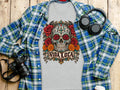 Grey t-shirt with a colorful skull design and 