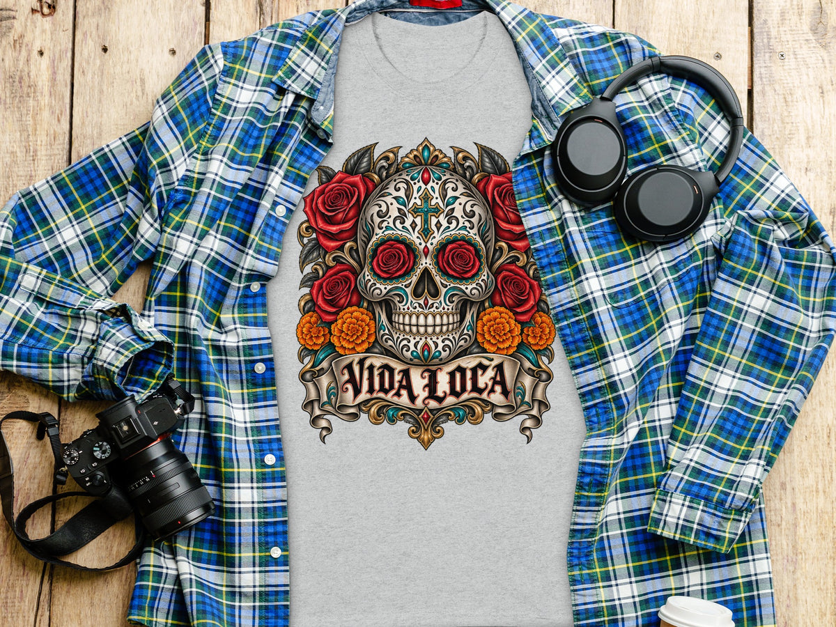 Grey t-shirt with a colorful skull design and "Vida Loca" text.