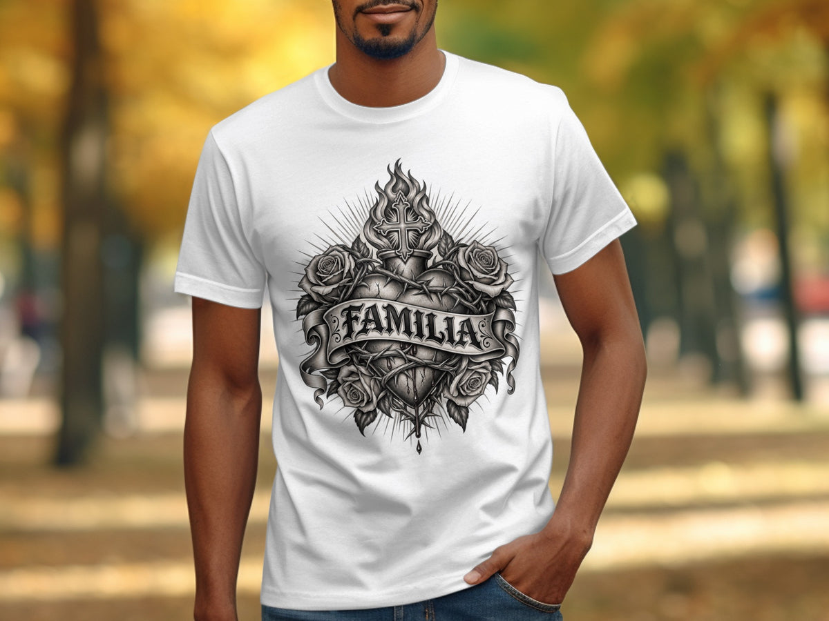 White t-shirt with a heart, cross, roses, and "Familia" text design.