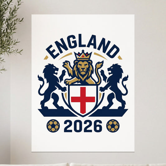 England crest with lion and shield, "England 2026" text.