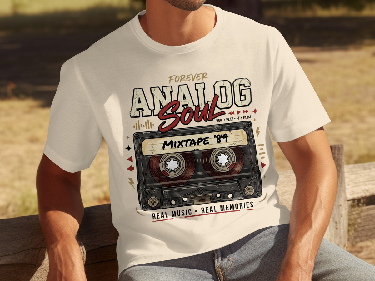 Cream t-shirt with "Analog Soul Mixtape '89" cassette tape graphic and text.