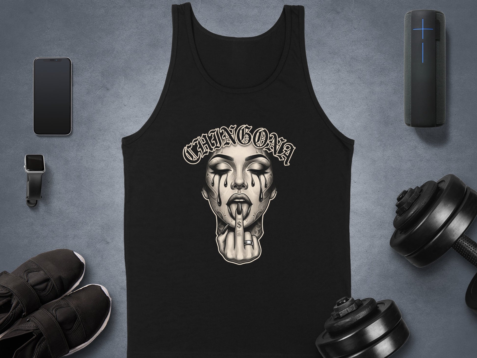 Black tank top with "CHINGONA" text and a distressed portrait of a woman.