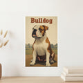 Bulldog sitting on a dirt patch with trees in the background.