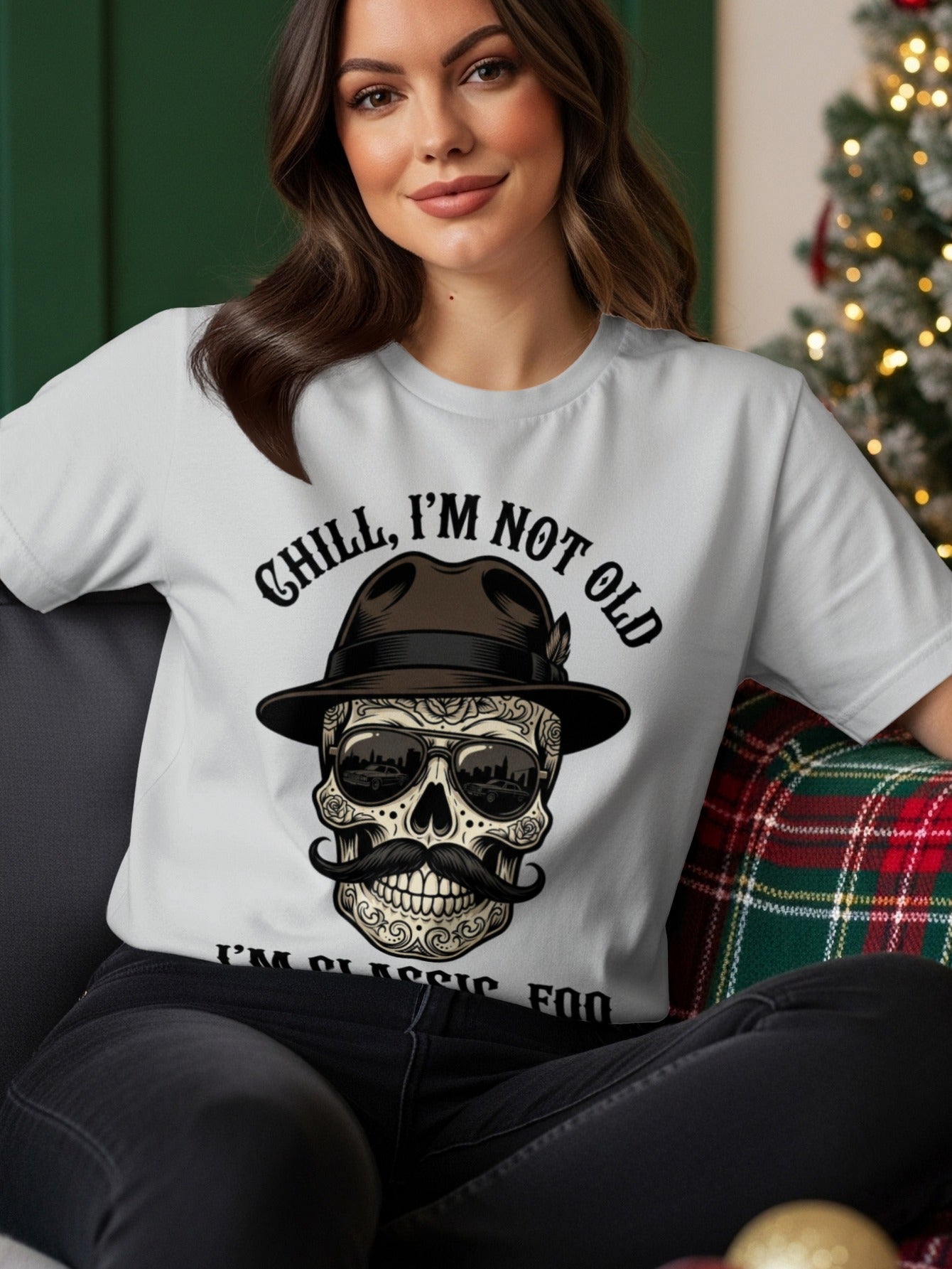T-shirt with skull wearing hat and sunglasses, text "Chill, I'm not old".