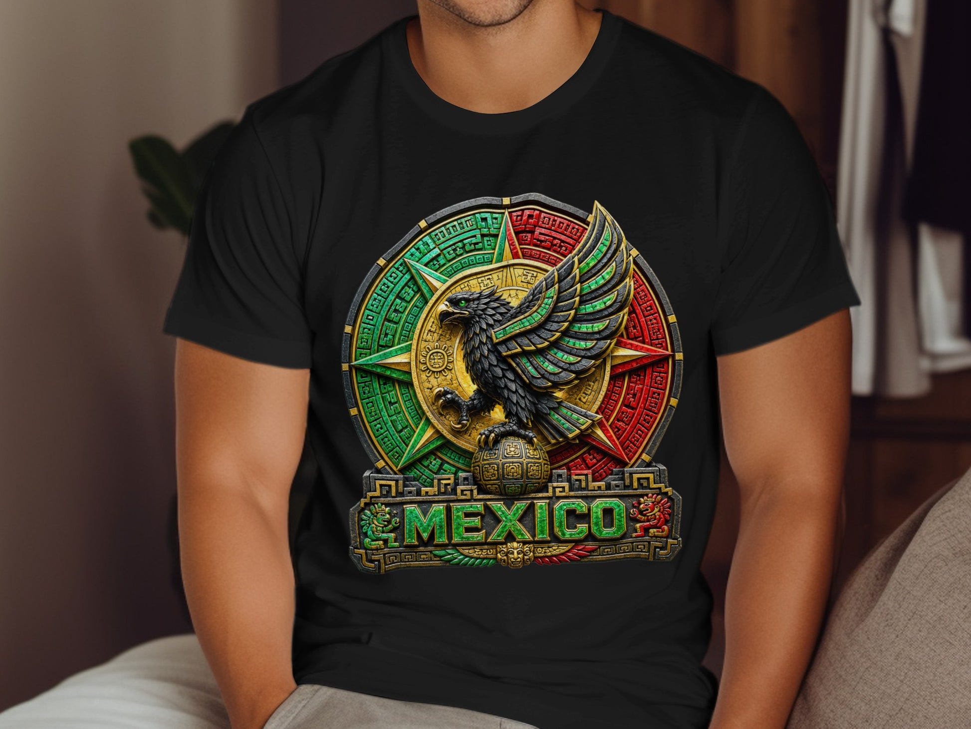 Black t-shirt with a colorful Mexican eagle emblem and "MEXICO" text.