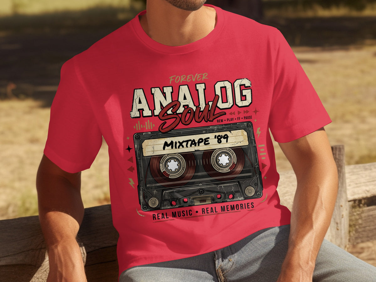 Red t-shirt with "Forever Analog Soul Mixtape '89" and cassette tape graphic.