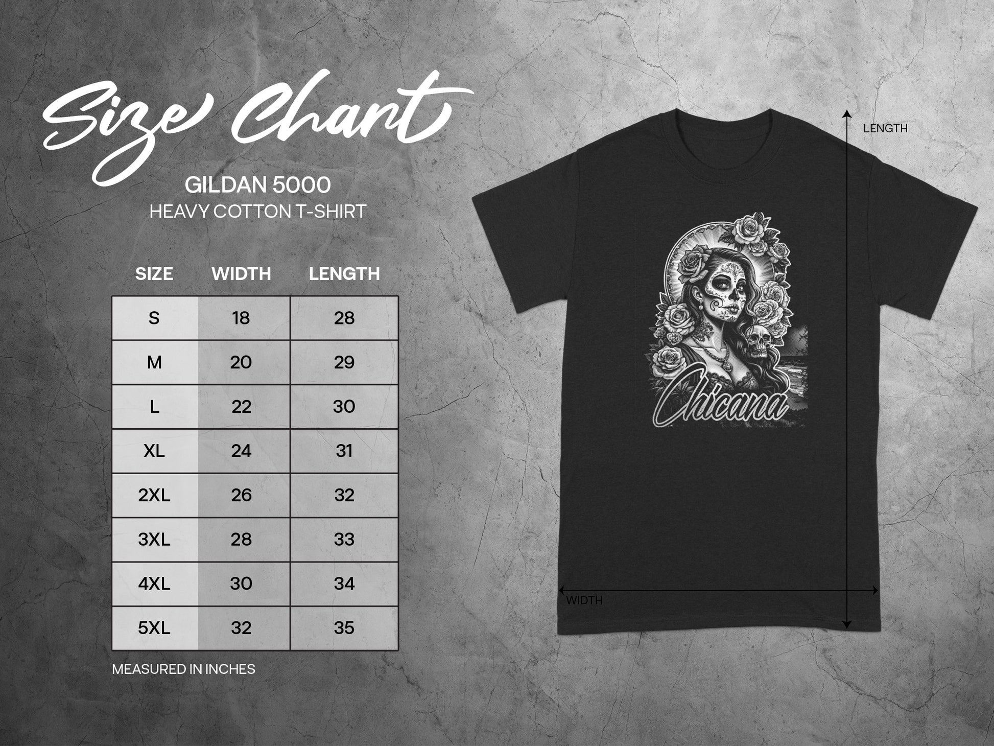 Gildan 5000 t-shirt size chart with measurements for width and length.