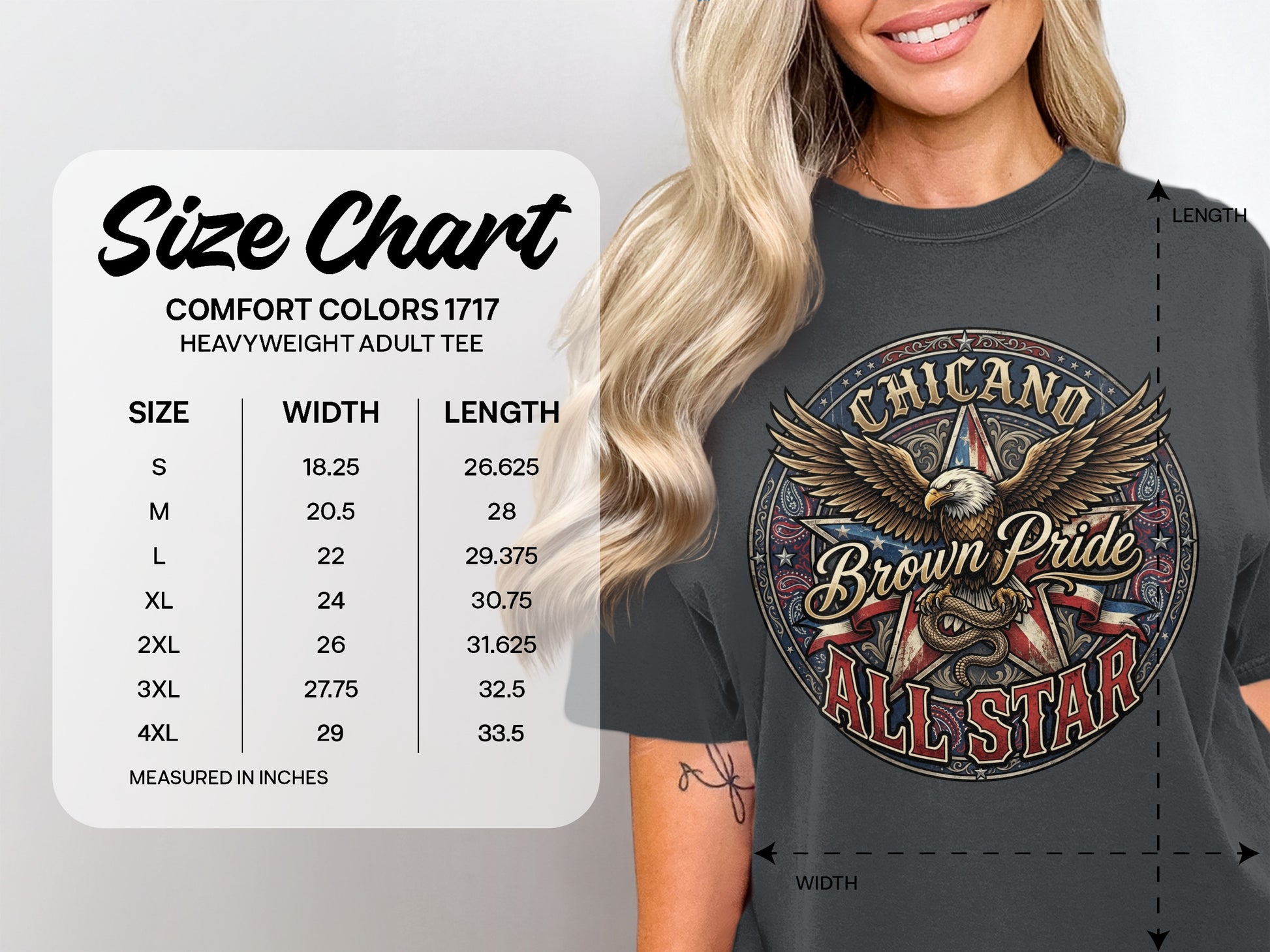 Comfort Colors 1717 size chart for heavyweight adult tee, measured in inches.