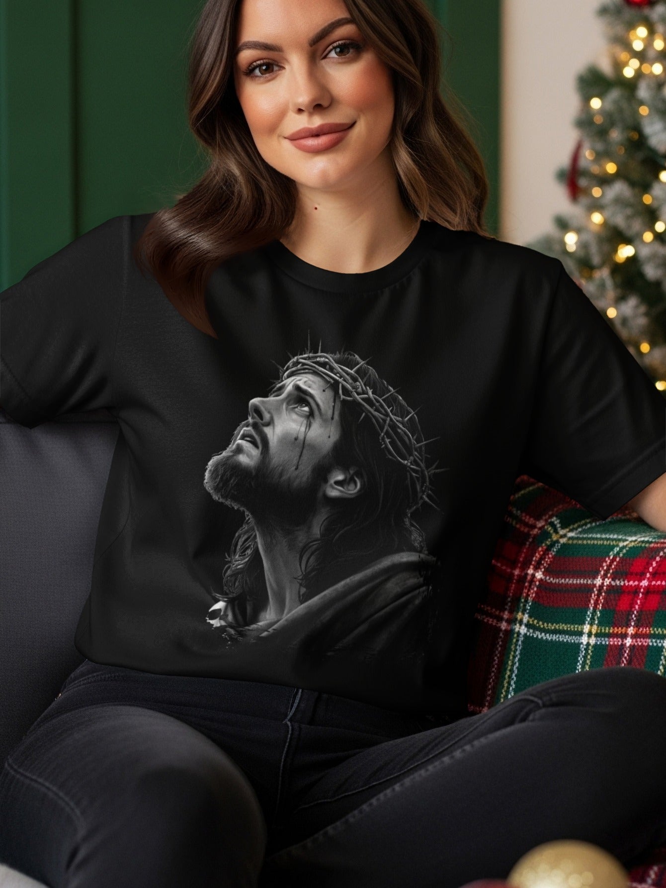 Black t-shirt with a grayscale illustration of Jesus wearing a crown of thorns.