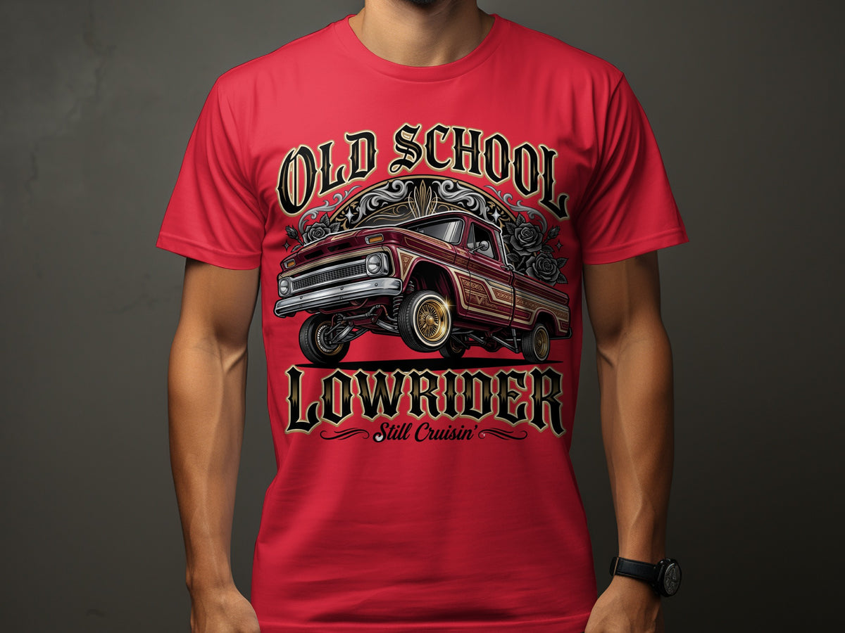 Red t-shirt with "Old School Lowrider" text and a lowrider truck graphic.