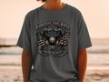 Dark grey t-shirt featuring an eagle and American flag design with text.
