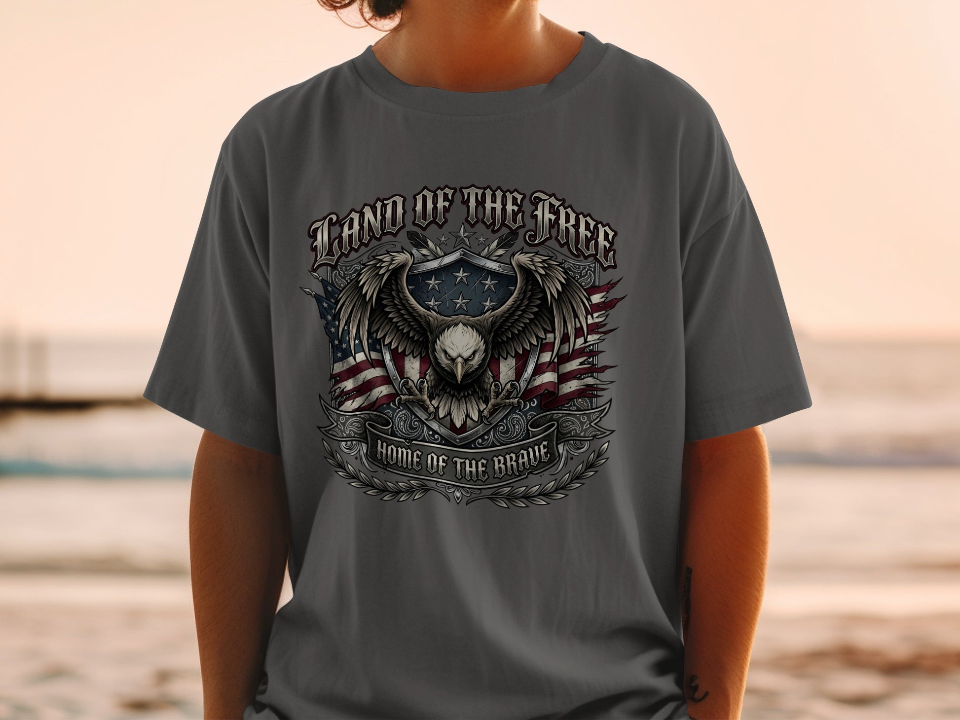 Dark grey t-shirt featuring an eagle and American flag design with text.