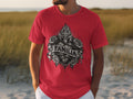 Red t-shirt with a black and grey heart, roses, crown of thorns, and 