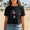 Black cropped t-shirt with a Chola Style graphic of a woman with a rose.
