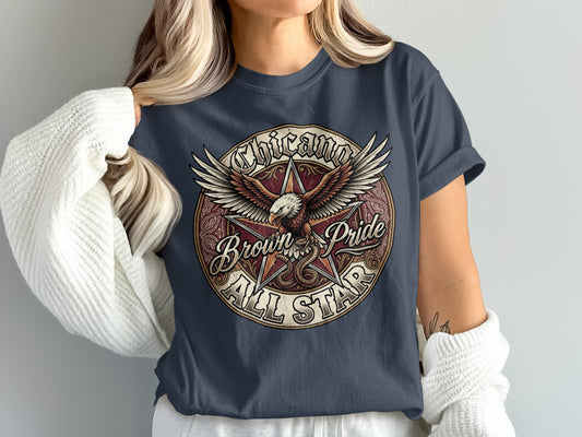 Chicago Brown All Star eagle and star graphic on a dark t-shirt.