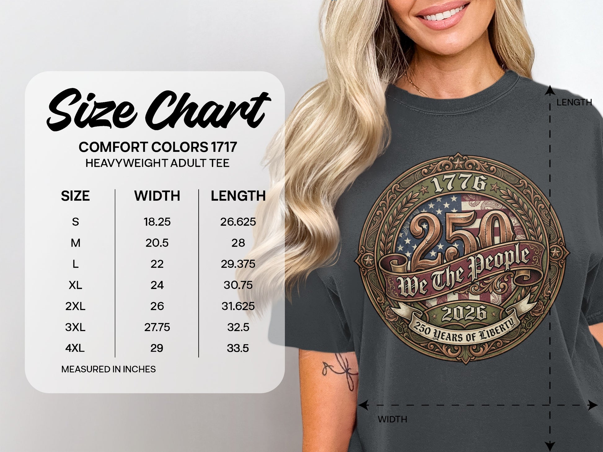 Comfort Colors 1717 heavyweight adult tee size chart with garment dimensions.