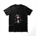 Black t-shirt with graphic of woman in hat holding red rose and 