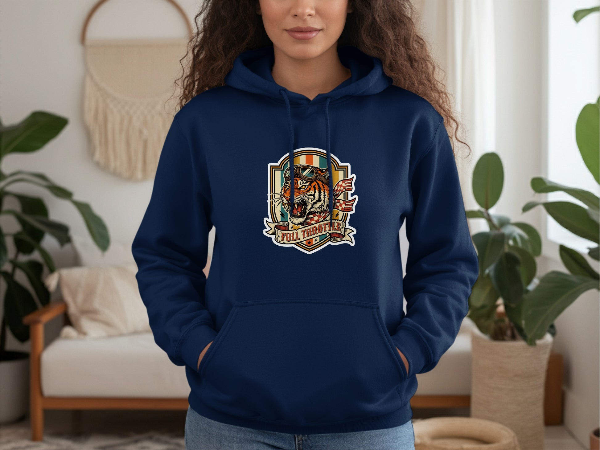 Navy hoodie with tiger emblem and "FULL THROTTLE" text.