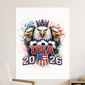 USA 2026 logo with eagles, crown, and soccer balls.