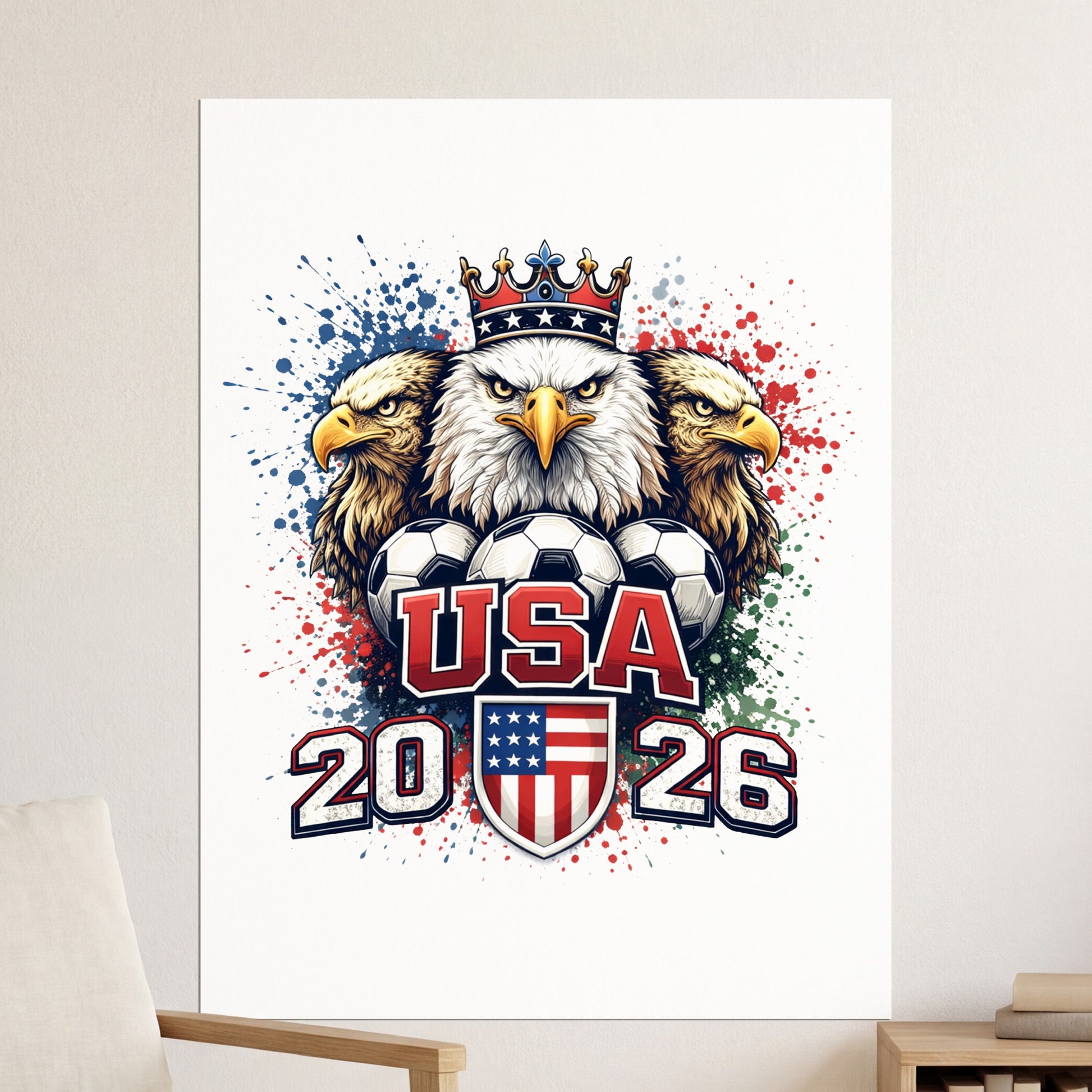 USA 2026 logo with eagles, crown, and soccer balls.