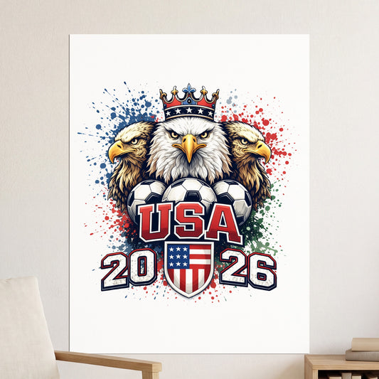 USA 2026 logo with eagles, crown, and soccer balls.