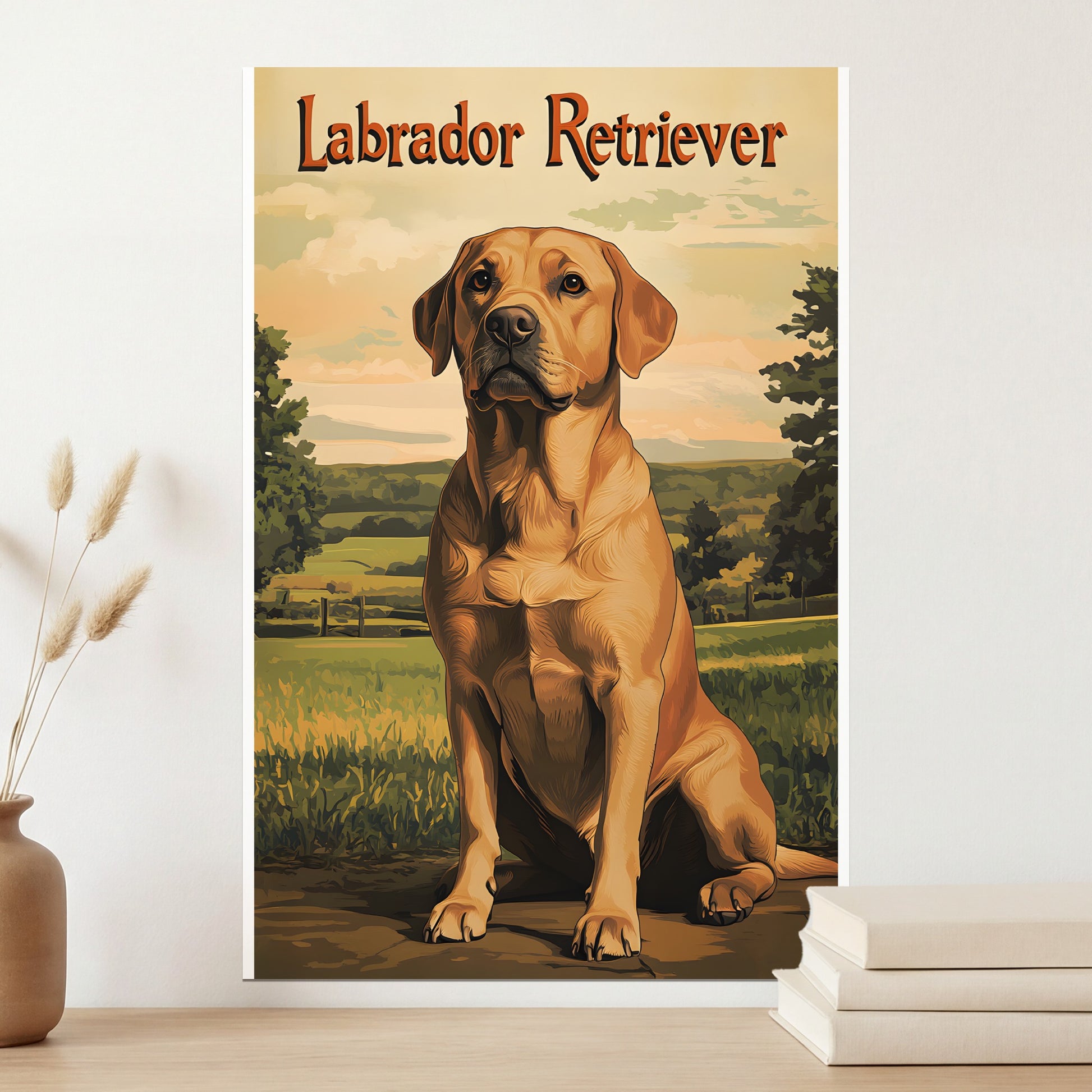 Labrador Retriever dog sitting outdoors with landscape background.