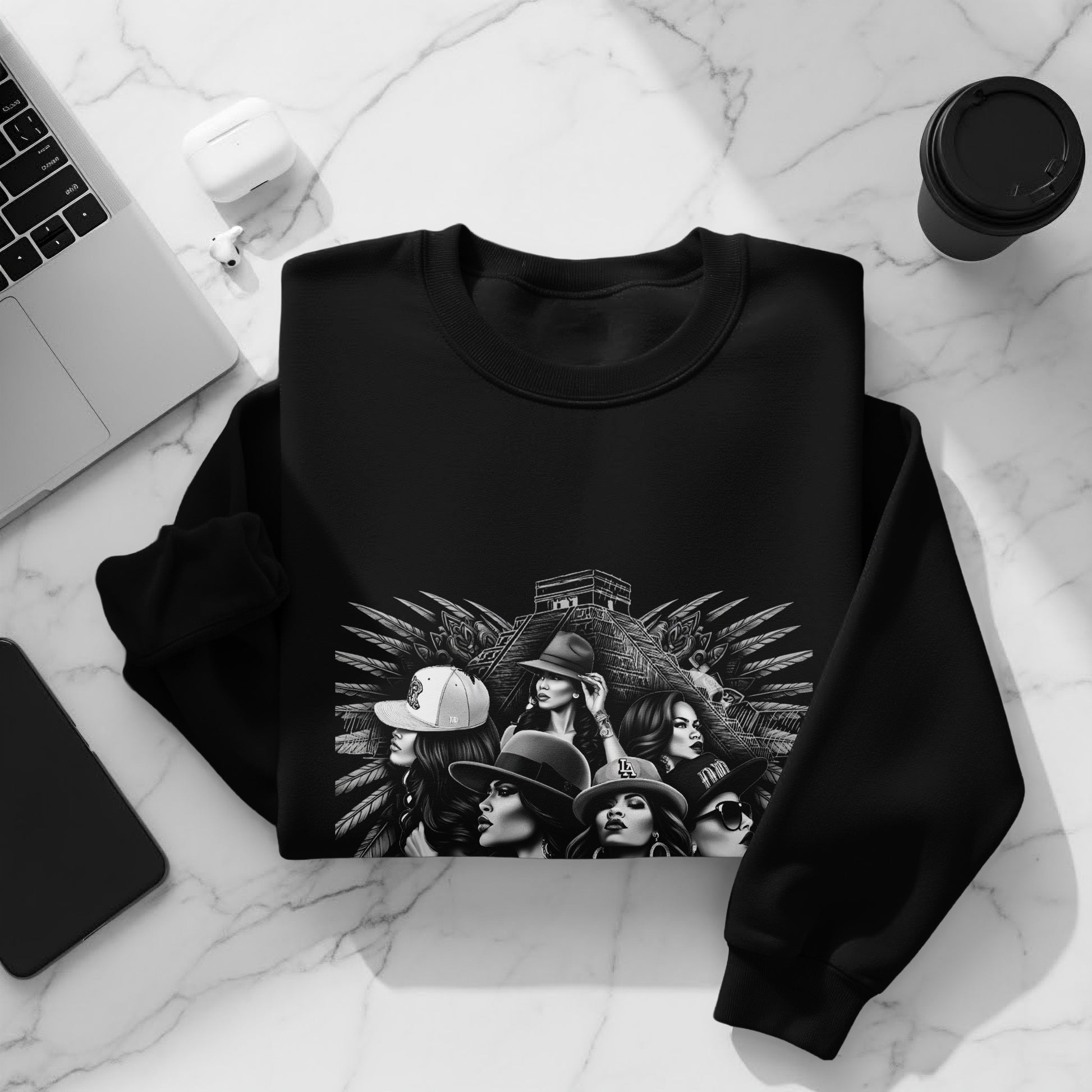 Black sweatshirt with a graphic featuring several women and a pyramid.