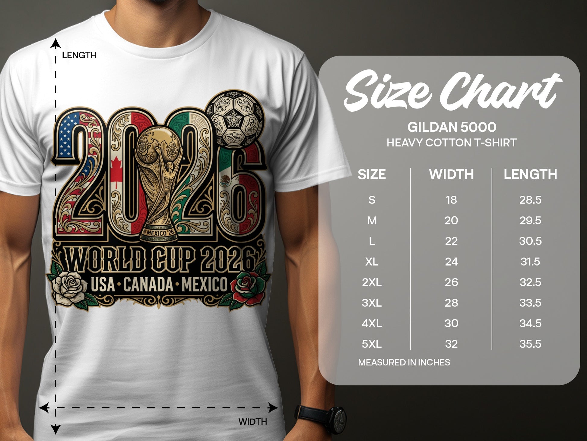 T-shirt size chart for Gildan 5000 Heavy Cotton T-Shirt with World Cup 2026 graphic.