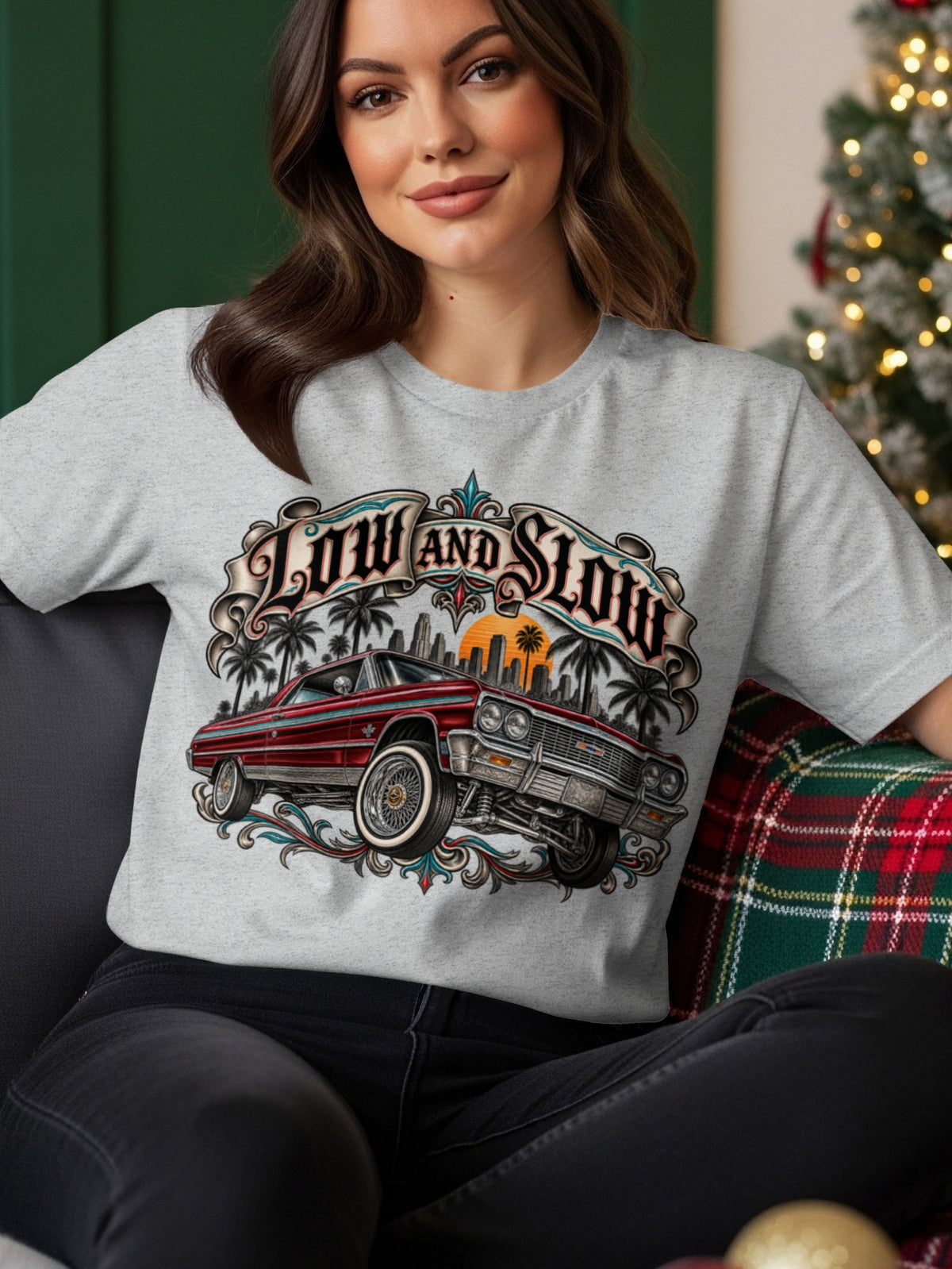 Grey t-shirt with "Low and Slow" text and a red vintage car graphic.