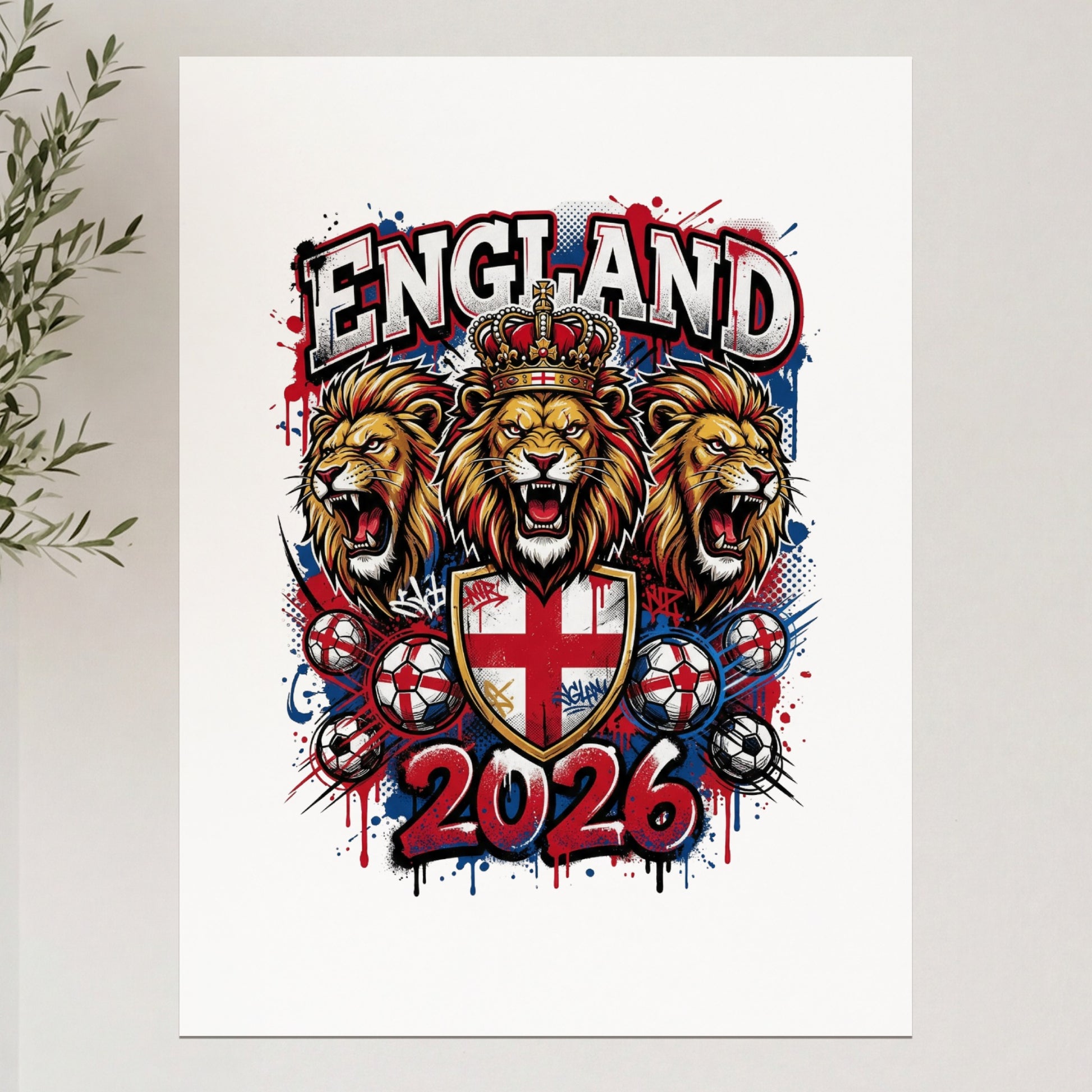 England 2026 crest with three lion heads and soccer balls.