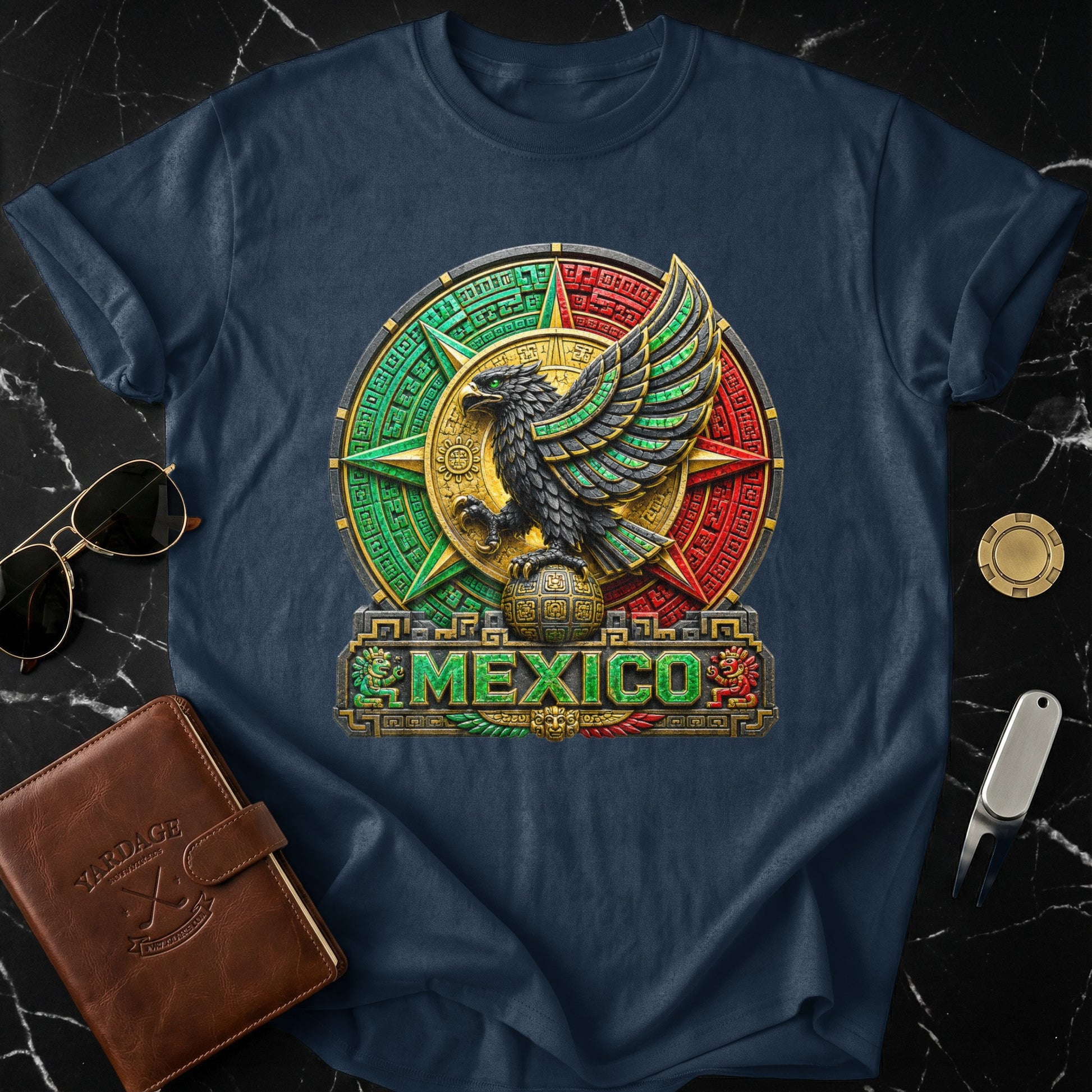 Navy t-shirt featuring a circular emblem with an eagle and "Mexico" text.
