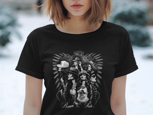 T-shirt with a graphic of several women, text reads "Brown Pride".