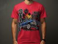 Red t-shirt with graphic of blue 1963 Chevrolet Impala lowrider at sunset.