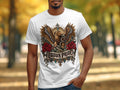 White t-shirt with eagle, snake, roses, and 