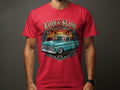 Red t-shirt with a teal classic Chevrolet truck and 