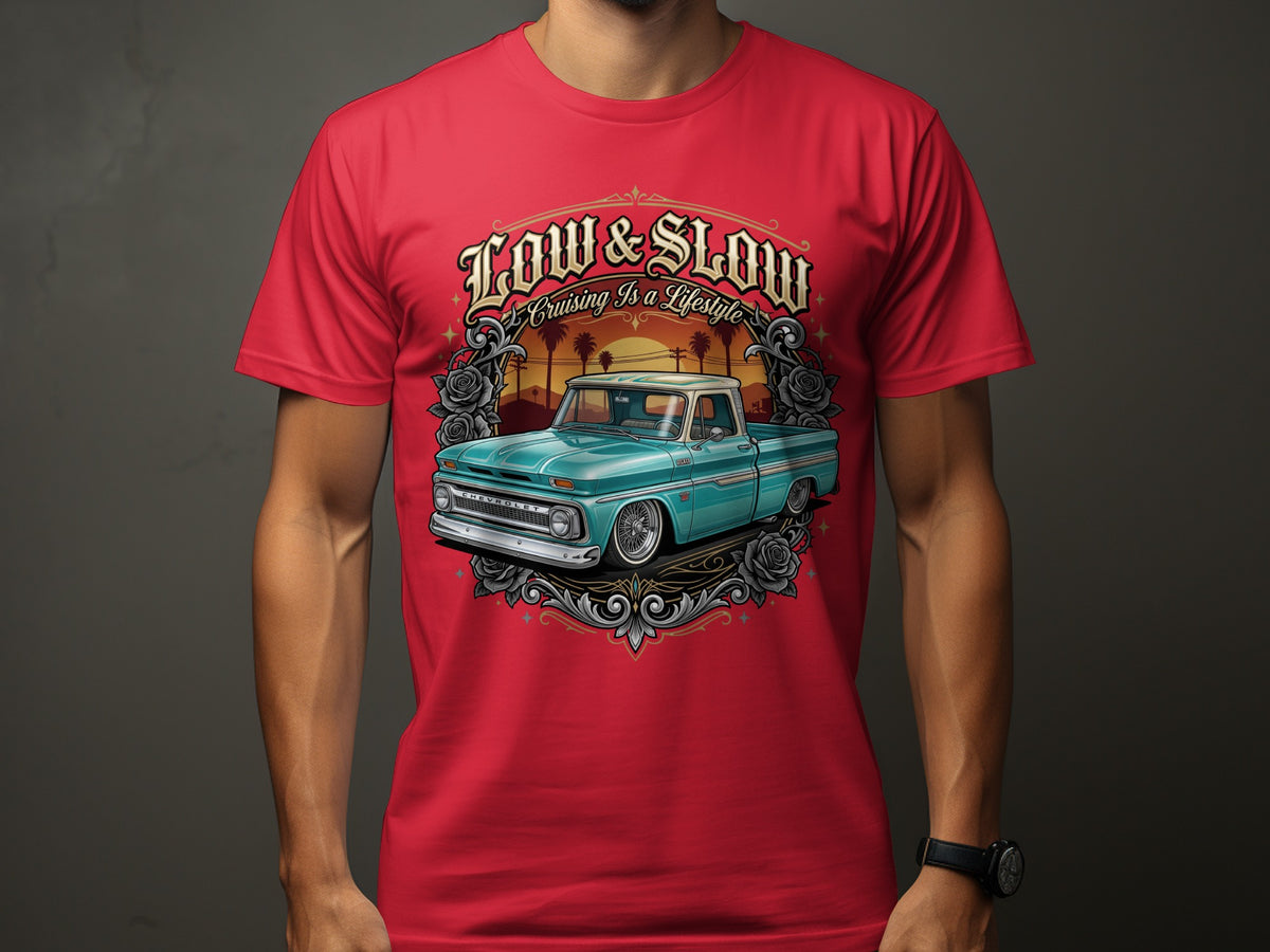 Red t-shirt with a teal classic Chevrolet truck and "Low & Slow Cruising Is A Lifestyle" text.