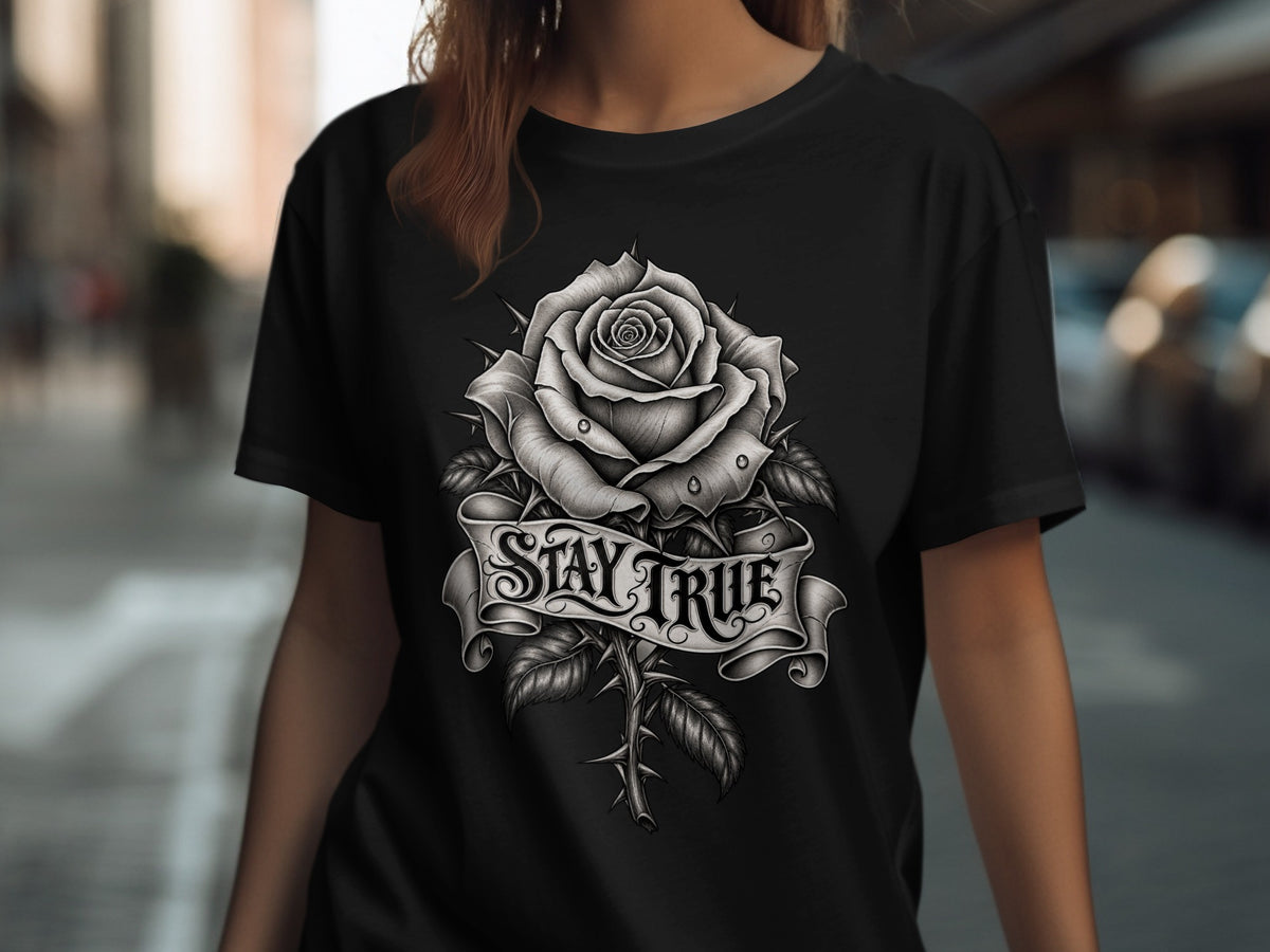 Black t-shirt with a detailed grayscale rose and banner reading "STAY TRUE."