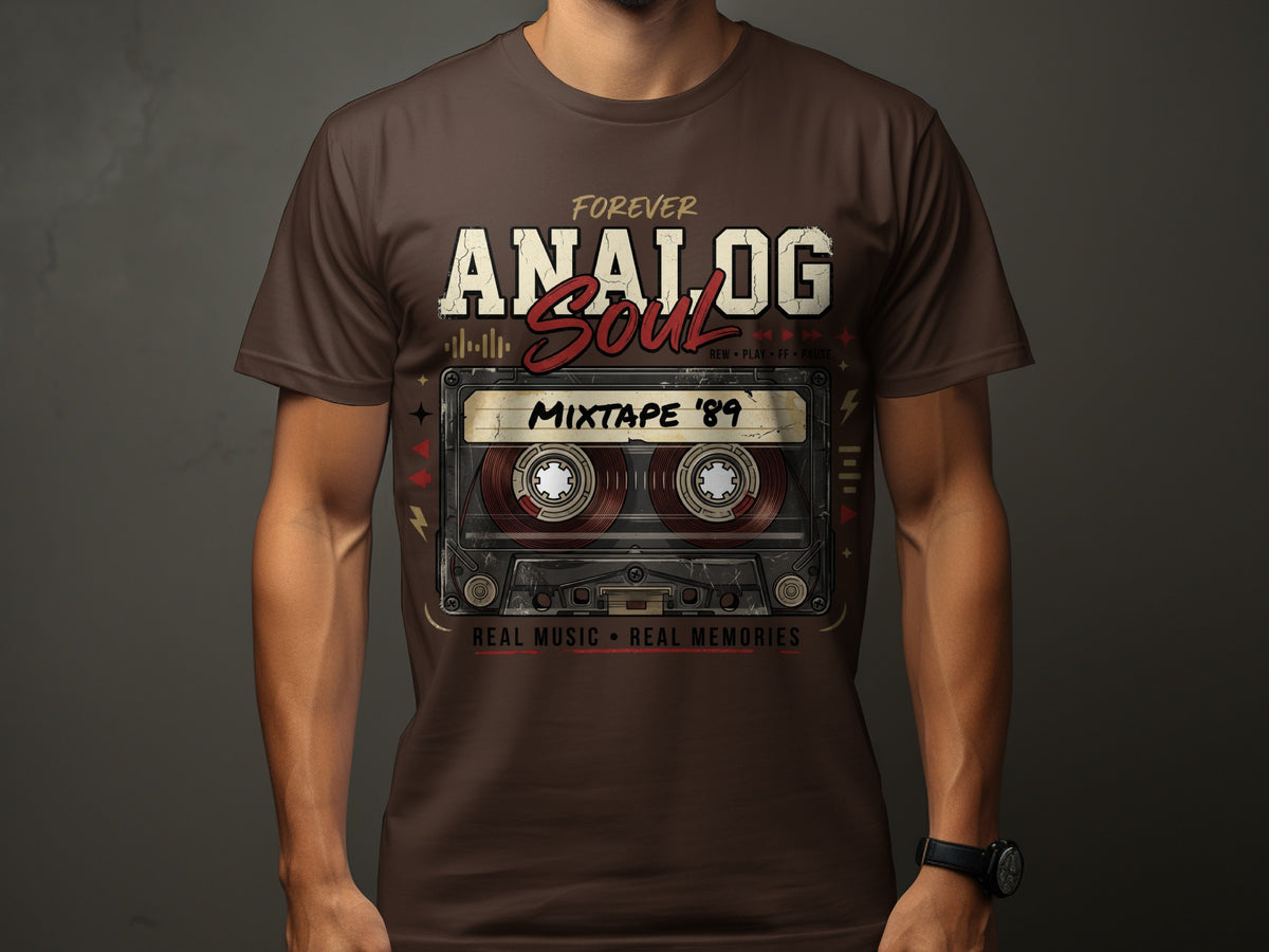 Brown t-shirt graphic with "Forever Analog Soul Mixtape '89" and cassette tape.