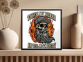 Skull with beard, sunglasses, and cap, surrounded by flames, text reads 