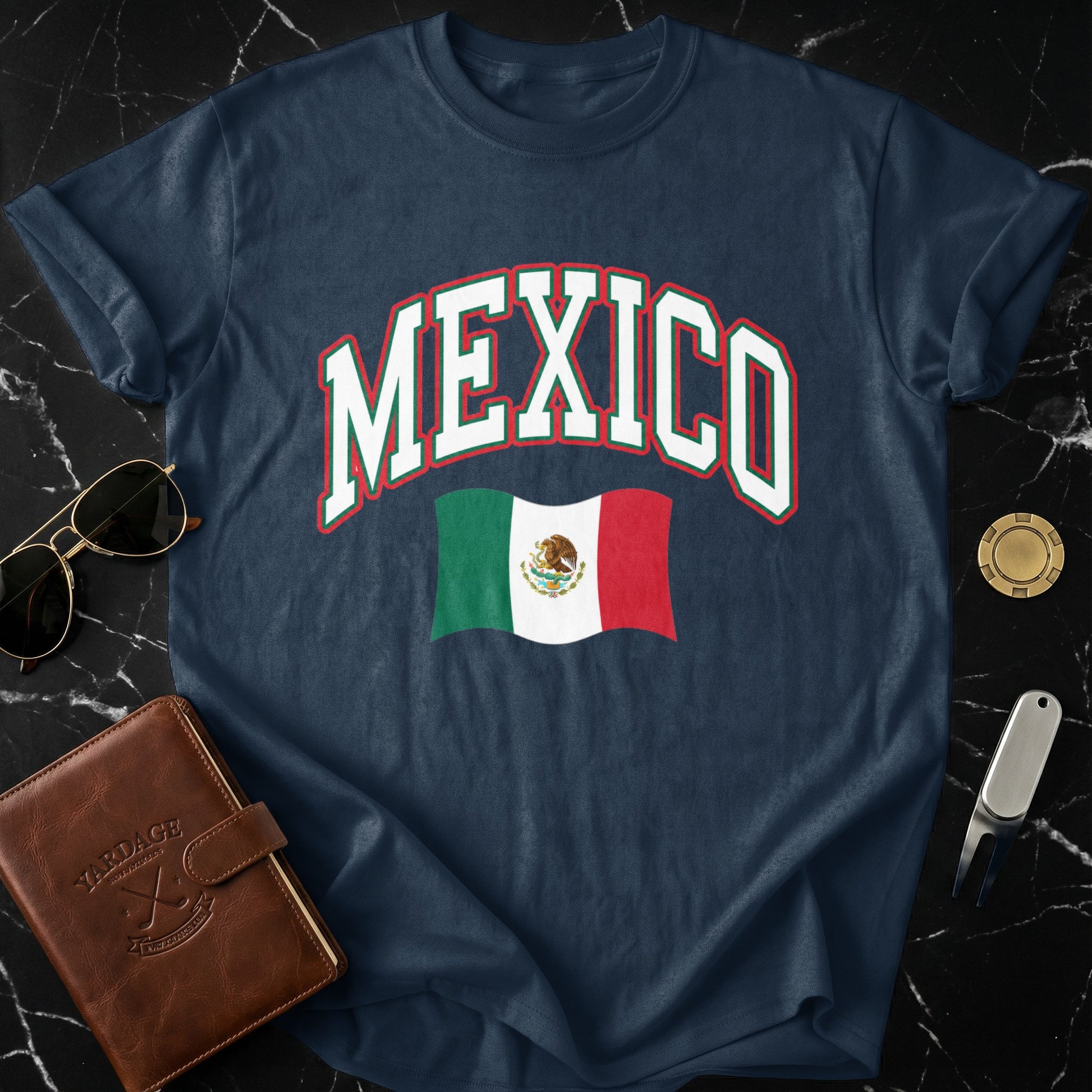 Navy t-shirt with "MEXICO" arched over the Mexican flag.